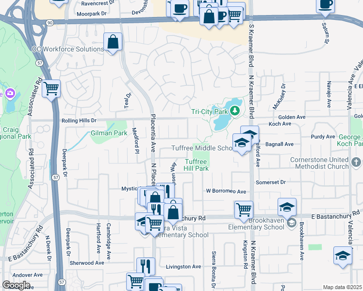 map of restaurants, bars, coffee shops, grocery stores, and more near 313 Marymont Avenue in Placentia
