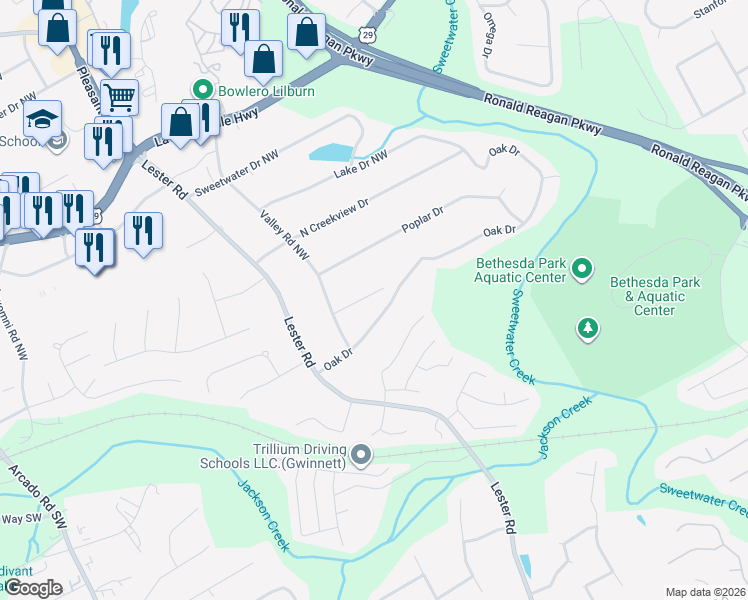 map of restaurants, bars, coffee shops, grocery stores, and more near 3439 Oak Drive in Lawrenceville
