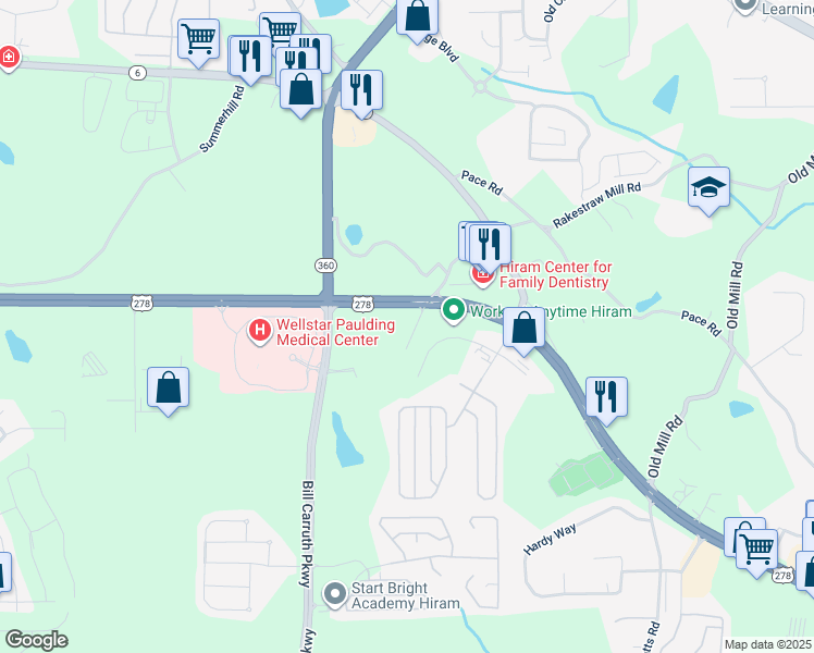 map of restaurants, bars, coffee shops, grocery stores, and more near 116200 Breezy Valley Road in Hiram