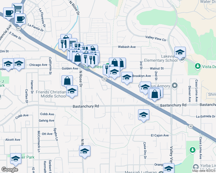 map of restaurants, bars, coffee shops, grocery stores, and more near 4091 Prospect Avenue in Yorba Linda