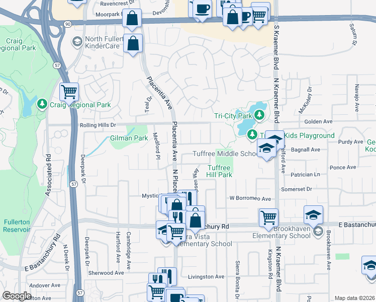 map of restaurants, bars, coffee shops, grocery stores, and more near 431 Marymont Avenue in Placentia