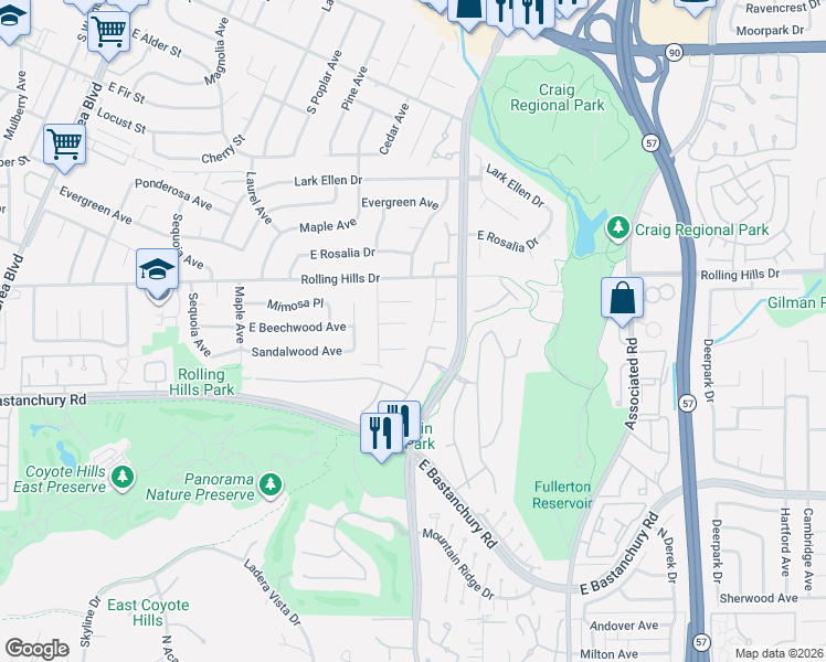 map of restaurants, bars, coffee shops, grocery stores, and more near 2607 Taft Court in Fullerton