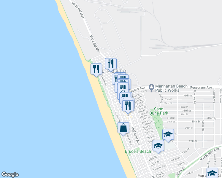 map of restaurants, bars, coffee shops, grocery stores, and more near 205 38th Street in Manhattan Beach