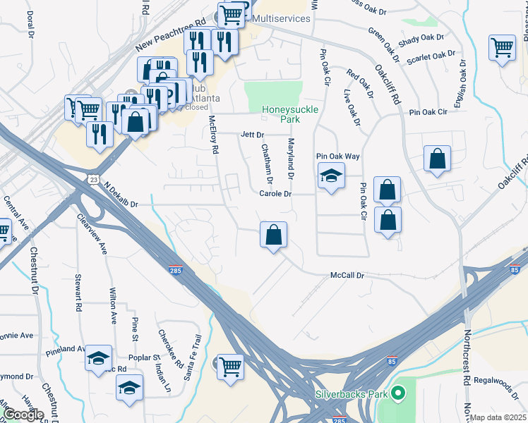 map of restaurants, bars, coffee shops, grocery stores, and more near 3739 Jamestown Court in Doraville