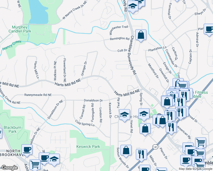 map of restaurants, bars, coffee shops, grocery stores, and more near 1893 Harts Mill Road in Chamblee