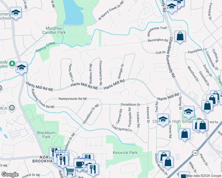 map of restaurants, bars, coffee shops, grocery stores, and more near 1708 Harts Run in Chamblee