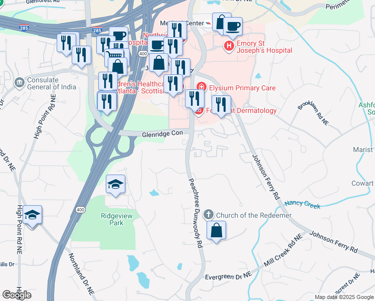 map of restaurants, bars, coffee shops, grocery stores, and more near 5360 Peachtree Dunwoody Road in Atlanta
