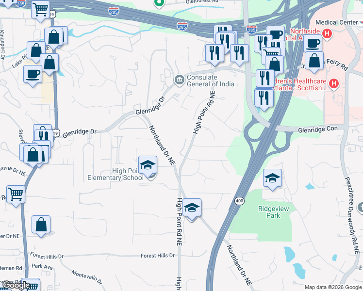 map of restaurants, bars, coffee shops, grocery stores, and more near 5370 High Point Manor Northeast in Atlanta
