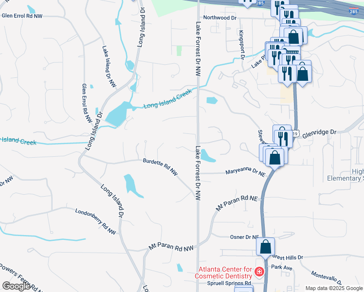 map of restaurants, bars, coffee shops, grocery stores, and more near 5360 Lake Forrest Drive Northwest in Atlanta