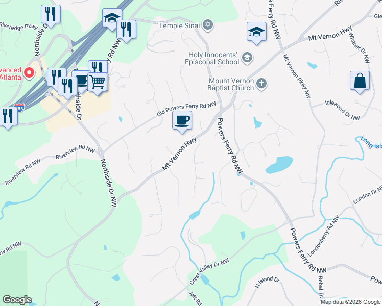 map of restaurants, bars, coffee shops, grocery stores, and more near 5370 Cross Roads Manor Northwest in Atlanta