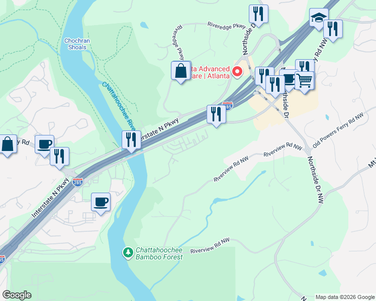map of restaurants, bars, coffee shops, grocery stores, and more near 1114 River Vista Drive in Atlanta