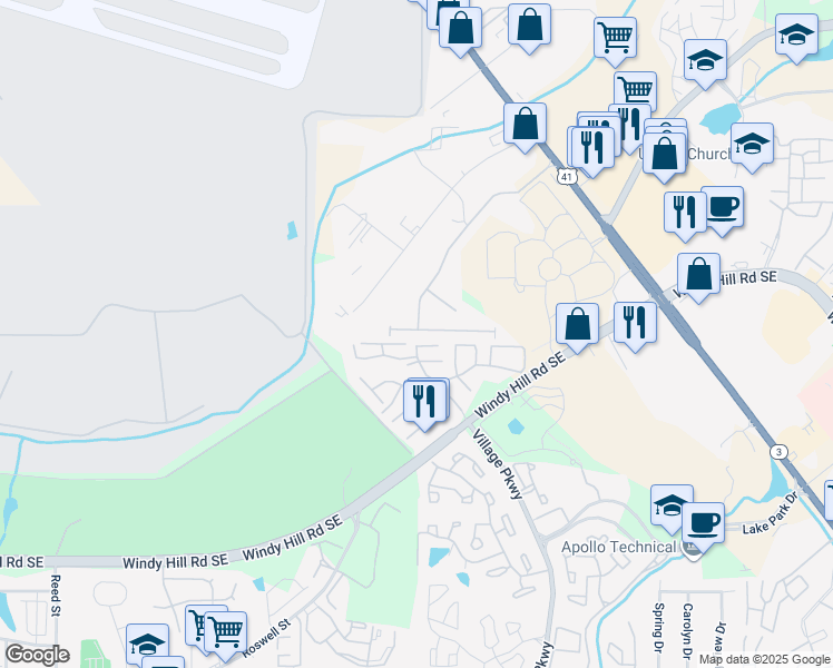 map of restaurants, bars, coffee shops, grocery stores, and more near 1970 Brightleaf Way in Marietta