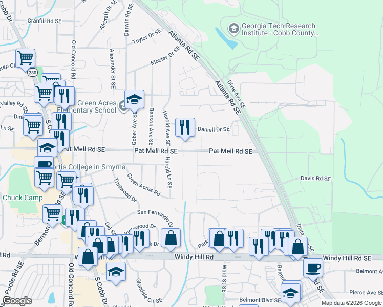 map of restaurants, bars, coffee shops, grocery stores, and more near 820 Pat Mell Road Southeast in Smyrna