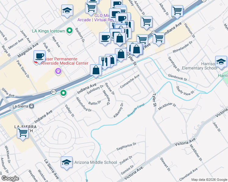 map of restaurants, bars, coffee shops, grocery stores, and more near 3243 Racine Drive in Riverside