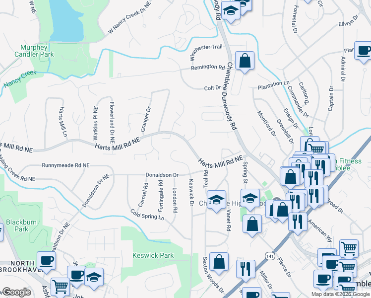 map of restaurants, bars, coffee shops, grocery stores, and more near 1893 Harts Mill Road in Chamblee