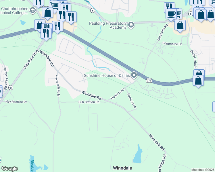 map of restaurants, bars, coffee shops, grocery stores, and more near 147 Harris Loop in Dallas