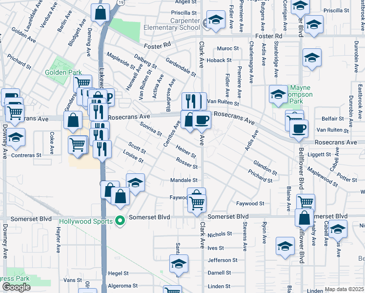 map of restaurants, bars, coffee shops, grocery stores, and more near 9321 Heiner Street in Bellflower