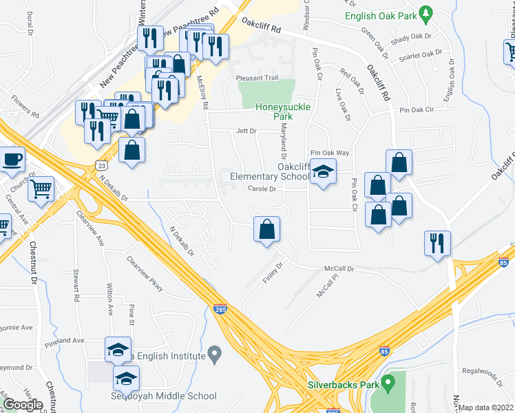 map of restaurants, bars, coffee shops, grocery stores, and more near 3739 Jamestown Court in Doraville