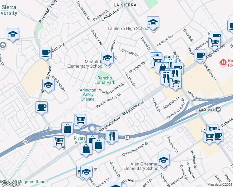 map of restaurants, bars, coffee shops, grocery stores, and more near 11375 Rancho Del Oro Drive in Riverside
