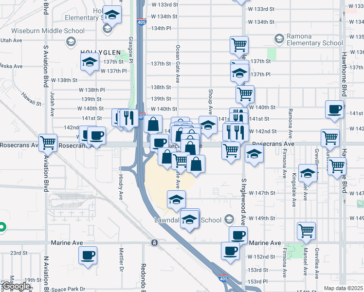 map of restaurants, bars, coffee shops, grocery stores, and more near 5070 West Rosecrans Avenue in Hawthorne