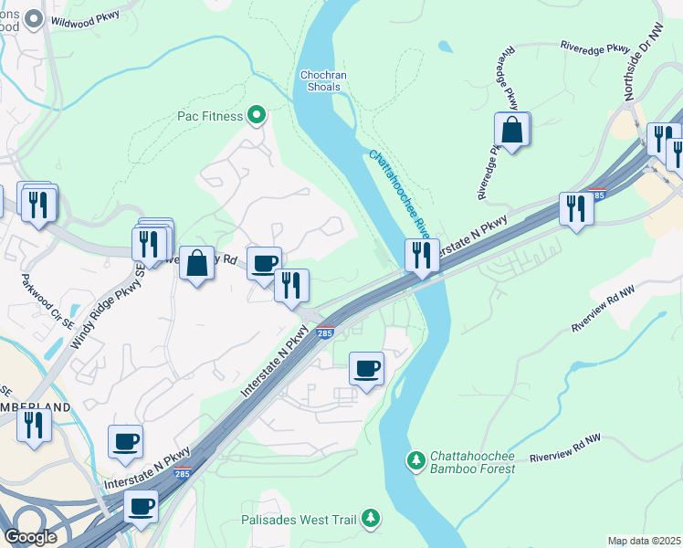 map of restaurants, bars, coffee shops, grocery stores, and more near 2239 Powers Ferry Road in Marietta