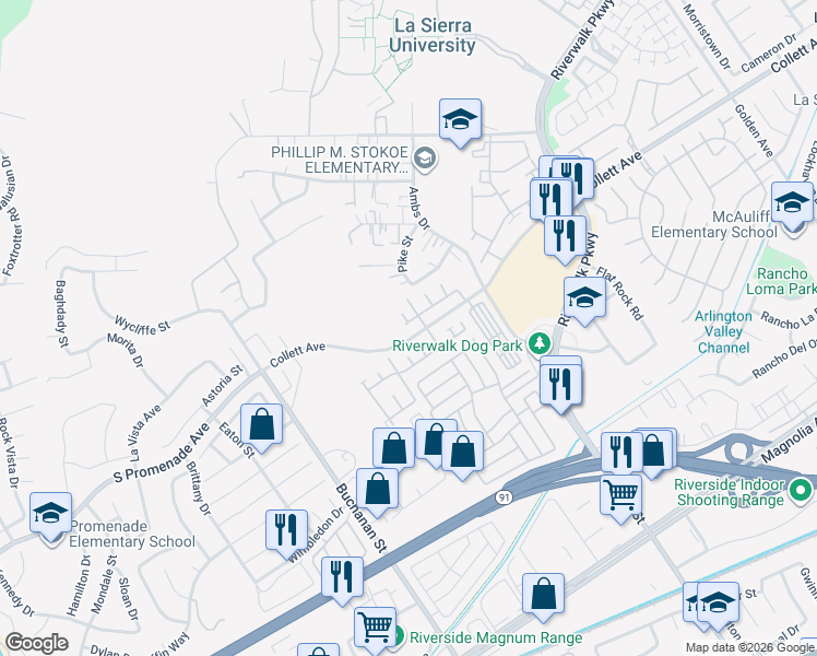 map of restaurants, bars, coffee shops, grocery stores, and more near 12016 Quantico Drive in Riverside