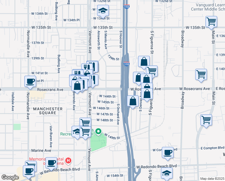 map of restaurants, bars, coffee shops, grocery stores, and more near West Rosecrans Avenue in Los Angeles