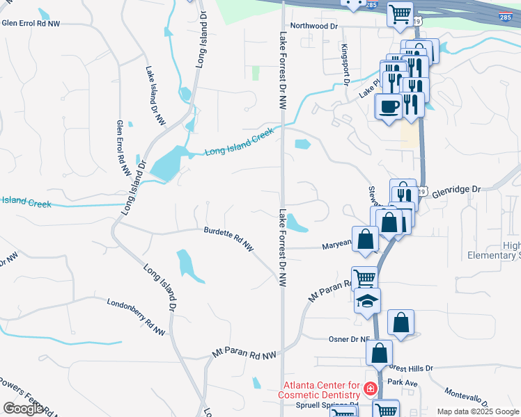 map of restaurants, bars, coffee shops, grocery stores, and more near 5360 Lake Forrest Drive Northwest in Atlanta