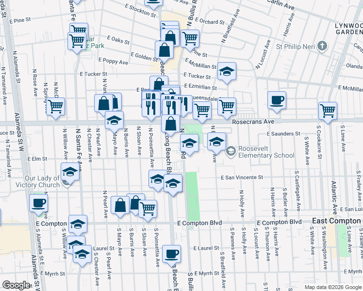 map of restaurants, bars, coffee shops, grocery stores, and more near 1430 East Pattie Court in Compton