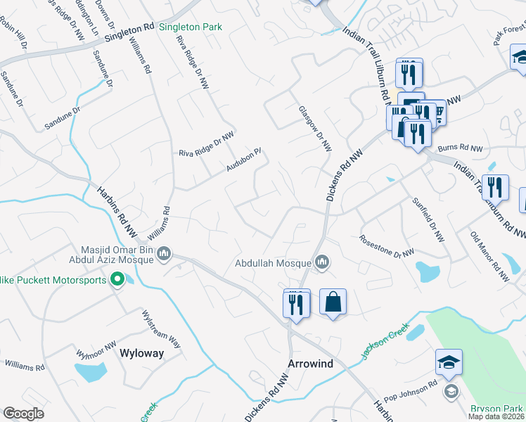 map of restaurants, bars, coffee shops, grocery stores, and more near 914 Wilshire Court Northwest in Lilburn