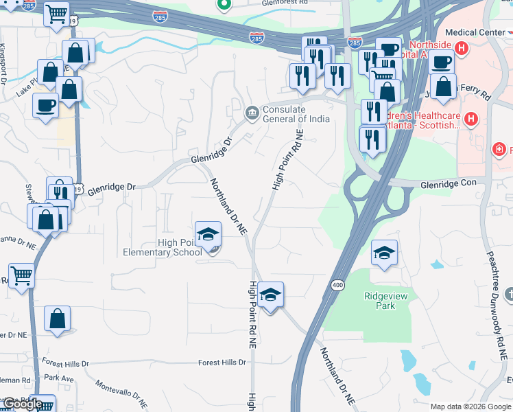 map of restaurants, bars, coffee shops, grocery stores, and more near 5380 High Point Manor Northeast in Atlanta