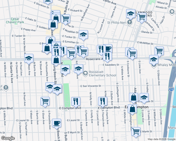 map of restaurants, bars, coffee shops, grocery stores, and more near 901 North Muriel Avenue in Compton