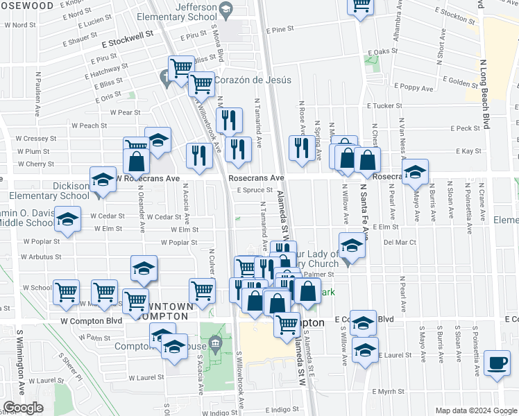 map of restaurants, bars, coffee shops, grocery stores, and more near 809 North Tamarind Avenue in Compton