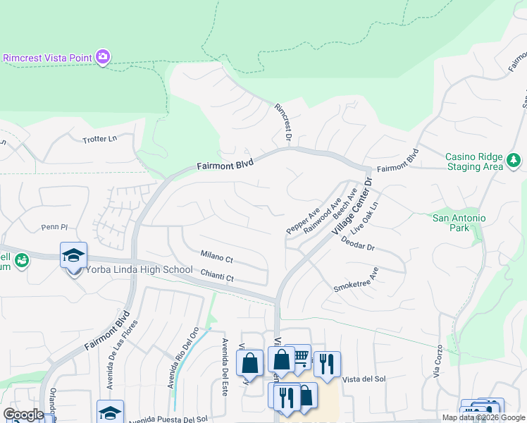 map of restaurants, bars, coffee shops, grocery stores, and more near 4090 Naples Court in Yorba Linda