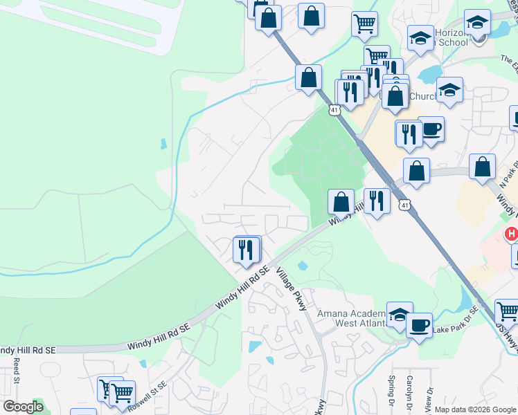 map of restaurants, bars, coffee shops, grocery stores, and more near 2006 Brightleaf Way in Marietta