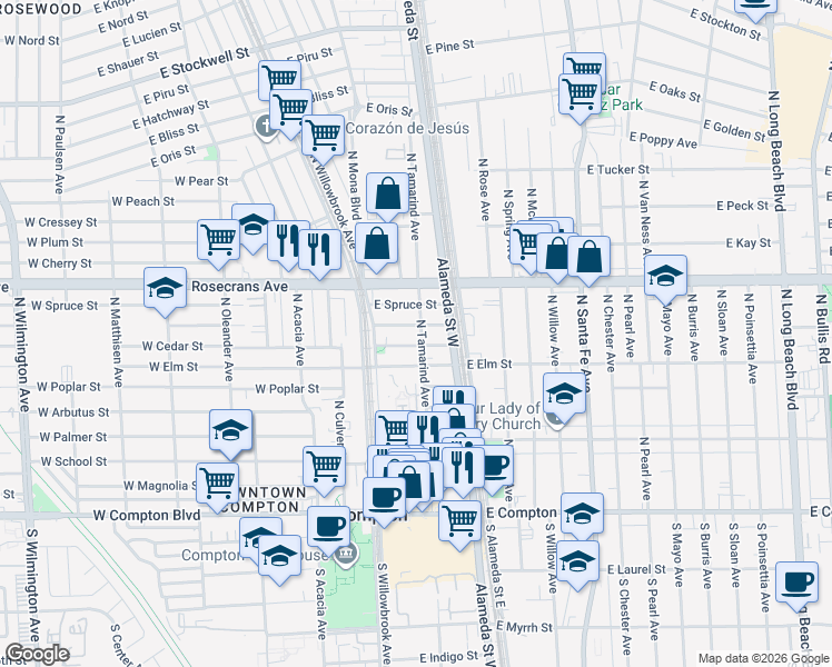 map of restaurants, bars, coffee shops, grocery stores, and more near 809 North Tamarind Avenue in Compton