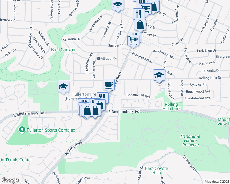 map of restaurants, bars, coffee shops, grocery stores, and more near 2810 North Brea Boulevard in Fullerton