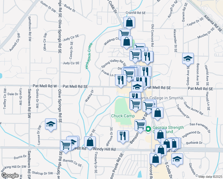 map of restaurants, bars, coffee shops, grocery stores, and more near 248 Pat Mell Road Southeast in Marietta