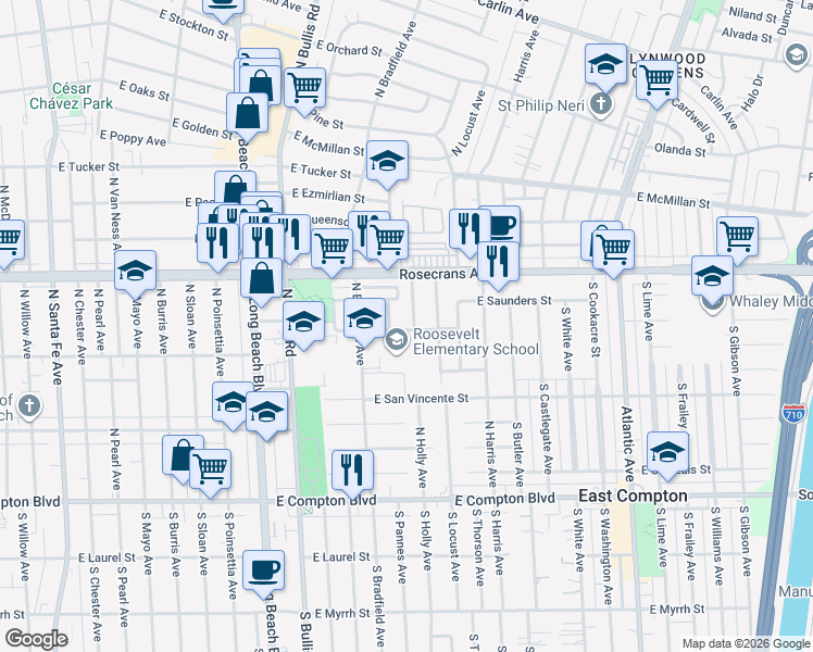 map of restaurants, bars, coffee shops, grocery stores, and more near 901 North Muriel Avenue in Compton