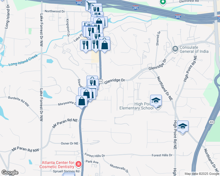 map of restaurants, bars, coffee shops, grocery stores, and more near 59 Willow Glen Northeast in Atlanta