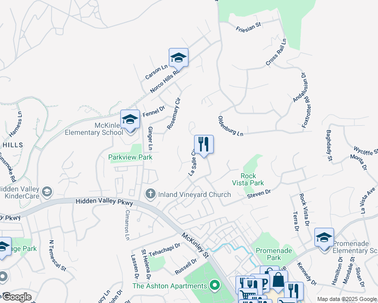 map of restaurants, bars, coffee shops, grocery stores, and more near 1020 La Salle Circle in Corona