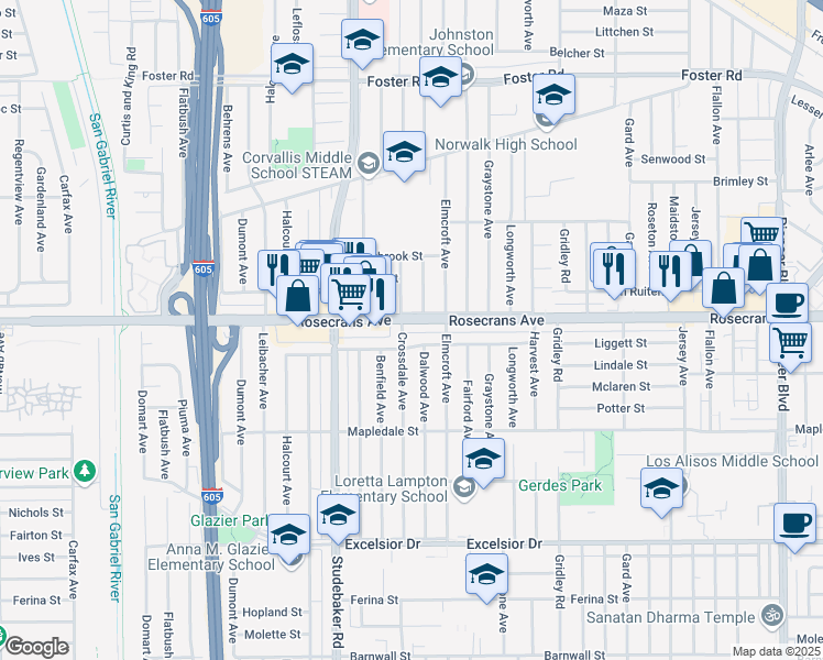 map of restaurants, bars, coffee shops, grocery stores, and more near 14306 Crossdale Avenue in Norwalk