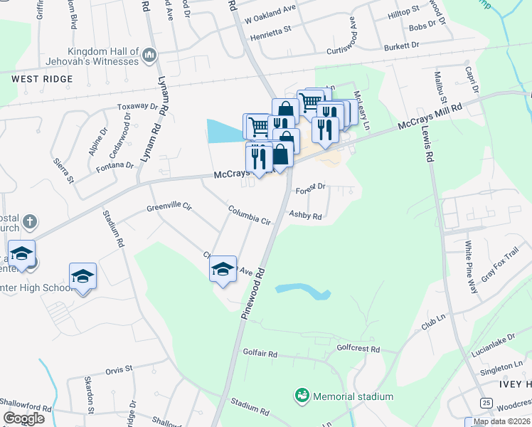 map of restaurants, bars, coffee shops, grocery stores, and more near 502 Pinewood Road in Sumter