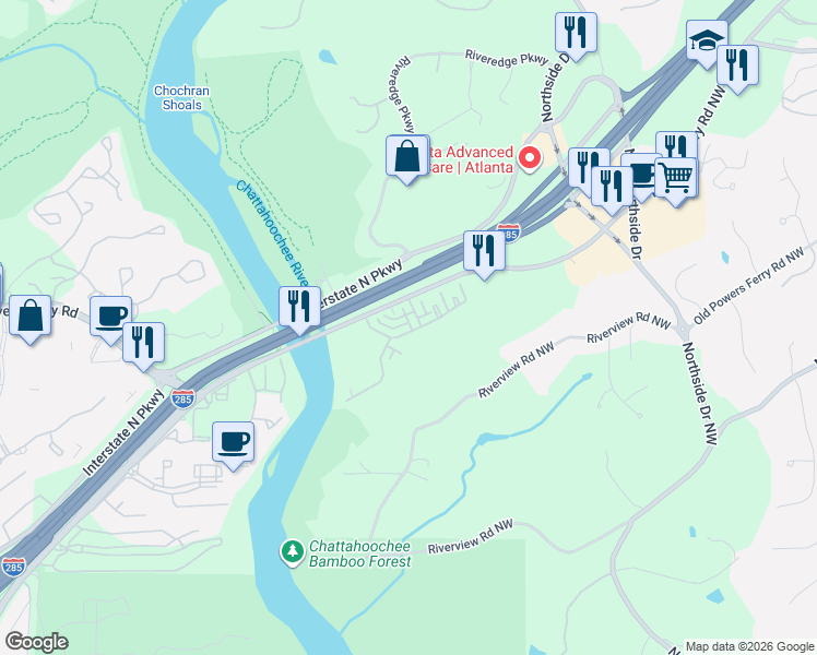 map of restaurants, bars, coffee shops, grocery stores, and more near 1114 River Vista Drive in Atlanta