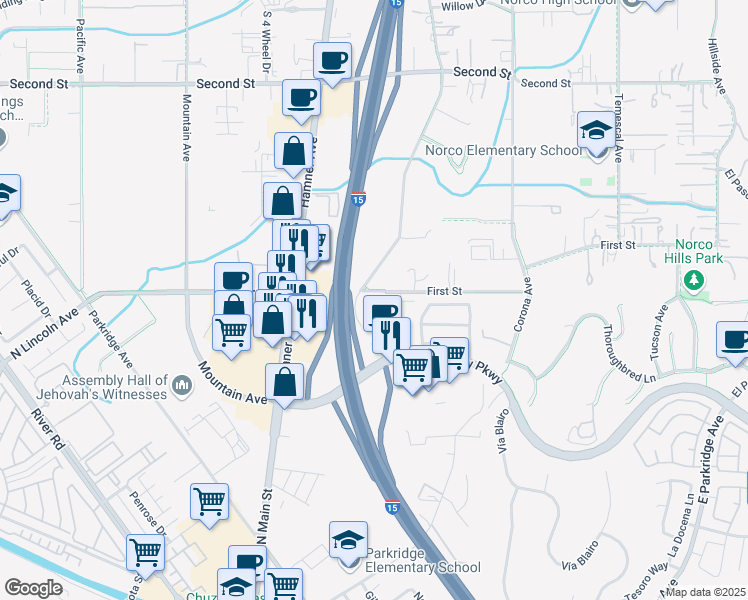 map of restaurants, bars, coffee shops, grocery stores, and more near 1590 1st Street in Norco