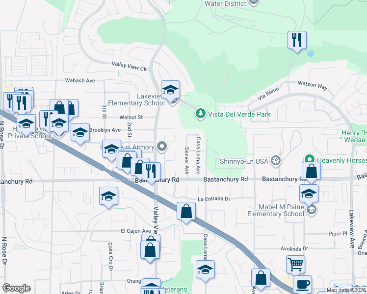 map of restaurants, bars, coffee shops, grocery stores, and more near 4121 Denver Avenue in Yorba Linda