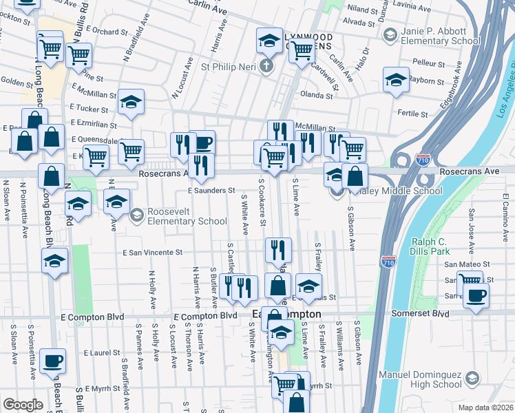 map of restaurants, bars, coffee shops, grocery stores, and more near 14429 South Cookacre Street in Compton