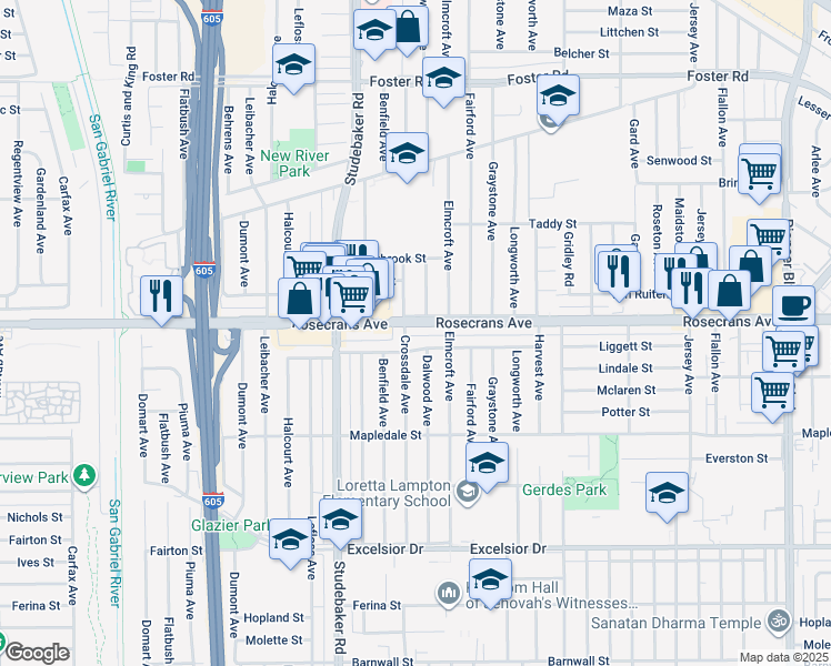 map of restaurants, bars, coffee shops, grocery stores, and more near 14306 Crossdale Avenue in Norwalk