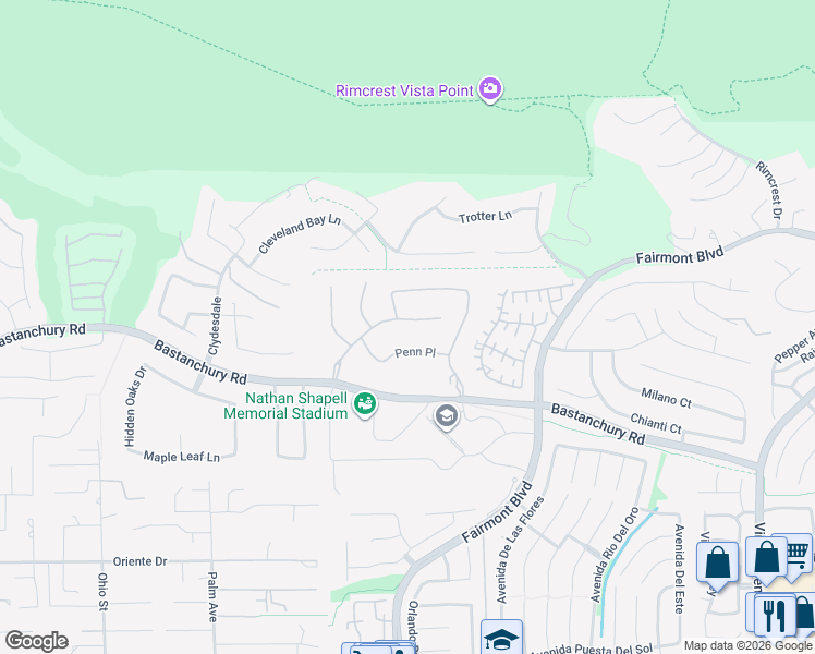 map of restaurants, bars, coffee shops, grocery stores, and more near 19818 Cornell Lane in Yorba Linda