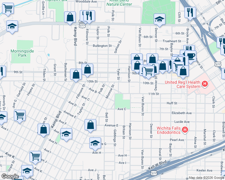 map of restaurants, bars, coffee shops, grocery stores, and more near 1101 Monroe Street in Wichita Falls